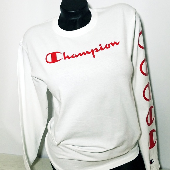 Champion Script White Unisex Long Sleeve T-Shirt - Picture 6 of 7